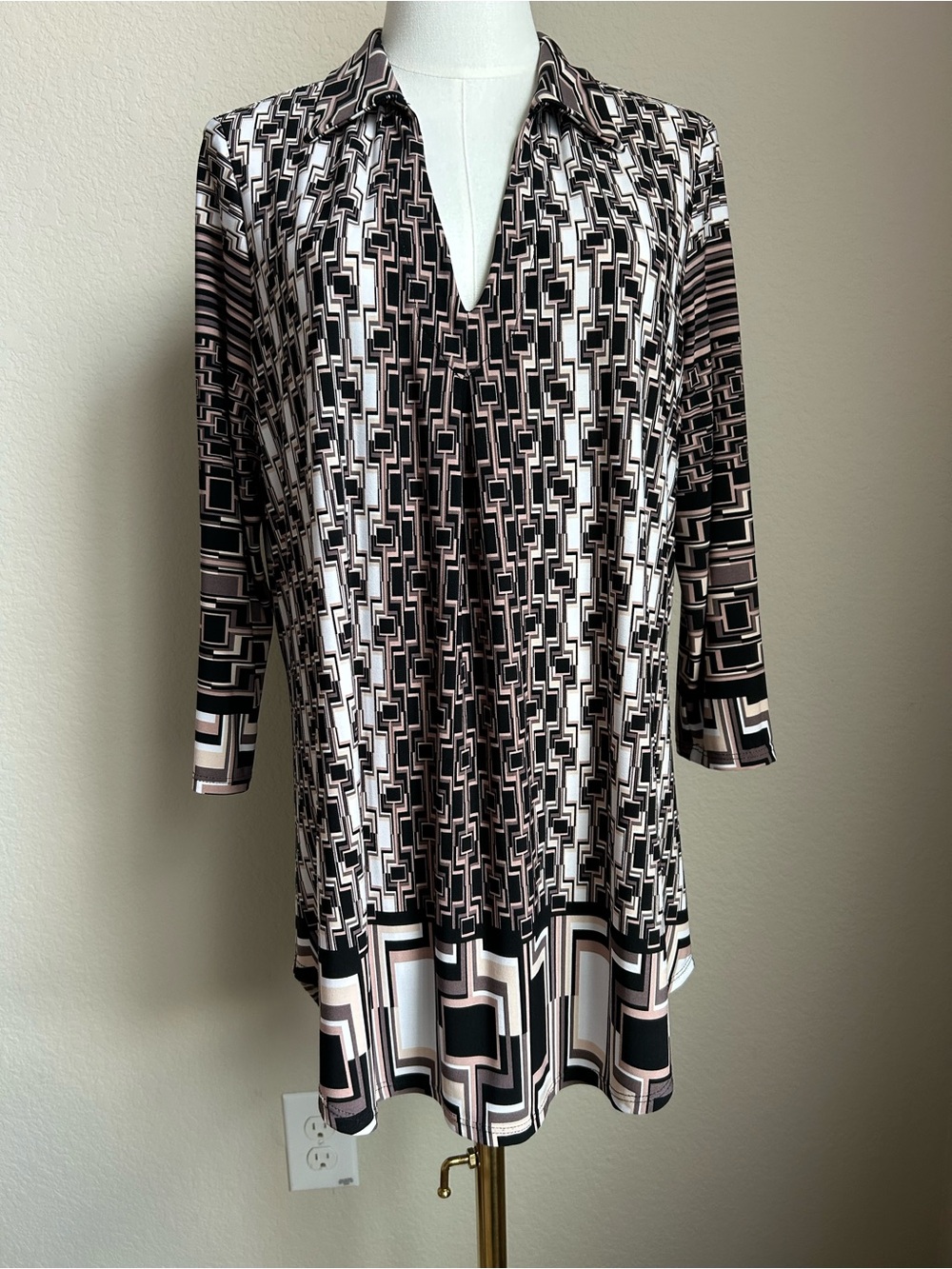 Joseph Ribkoff Geometric Print Tunic in Black, White, and Creams